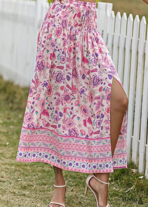 Boho Skirts in Smocked Waist, Bird Garden in Pink Purple For Women